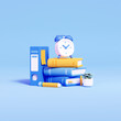 © mir_vam - 3d Render of Alarm Clock Standing on Book Pile. Office Icon Isolated on Sky Blue Background
