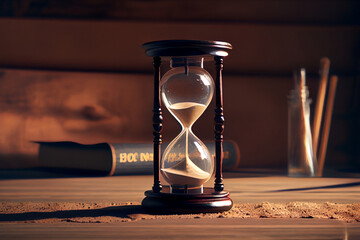 Sand running through the bulbs of an hourglass measuring the passing time in a countdown to a deadline. AI Generated