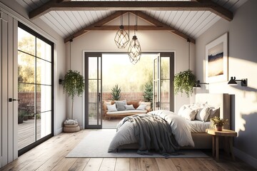 Wall Mural - Bedroom in new luxury home with hardwood floors, sliding glass door leading to patio, and skylights with wood cross beams and elegant pendant light