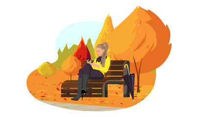 Wall Mural - Young woman sitting on wooden bench in the autumn park. Yellow red trees and fall leaves. Weekend outdoor in colorful forest. Paint drawing in cartoon style. Seasonal flat image. Vector illustration