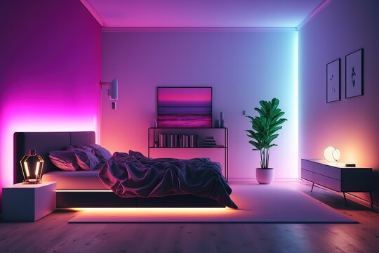 Modern bedroom interior with neon lights glowing ambient in the evening. Luxurious stylish apartment interior. Smart home concept with neon light colours