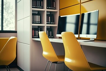 Canvas Print - College library with study space and computers. Leather chairs in a vibrant yellow color. Generative AI