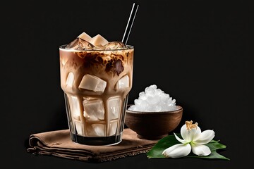 Poster - Thai iced coffee made with coconut milk and served with a metal straw and ice cubes, set against a black background on a wooden table. Generative AI