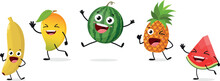 Happy Watermelon, Pineapple, Mango, Banana Fruits Cartoon Characters
