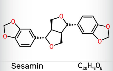 Wall Mural - Sesamin molecule. It is natural product, lignan isolated from sesame oil. Skeletal chemical formula