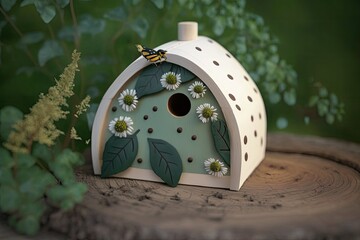 Poster - a pretty insect home made from wood and other natural materials, perfect for a spring or summer garden. Decorative ladybug and bee house made of wood, perfect for eco friendly gardening and the overwi