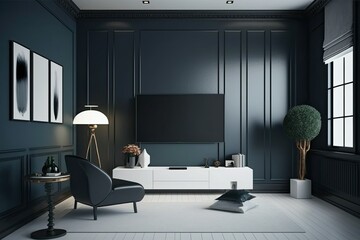 Sticker - Empty dark blue walls serve as a backdrop for a TV cabinet and a leather seat in a contemporary living room. Generative AI