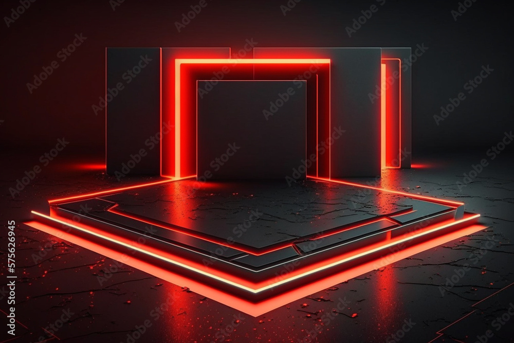 Futuristic sci-fi abstract red neon light shapes on black background ...