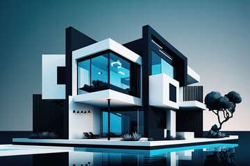 Poster - Detailed representation of a state of the art, ultra luxurious home complete with a pool. Generative AI