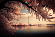 Washington DC Cherry Blossom With Lake And Washington Monument. 