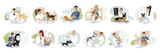 Fototapeta  - Set of veterinary visit in medical clinic office. Sick kitty, cat, dog anxiety and stress on therapy at vet appointment of veterinarian doctors. Flat vector illustration isolated on white background