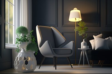 Poster - Illustration of a contemporary living room setting in a home interior, complete with a mock up armchair and decorative elements. Generative AI