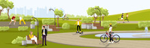 People Walking And Exercise Sport In City Park. Scene Weekend In The Cityscape. Woman Cycling On Bicycle. Public Place For Relax And Recreation With Green Tree And Bush. Panoramic Vector Illustration