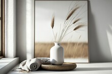 Modern White Ceramic Vase With Dry Lagurus Ovatus Grass And Marble Tray On Vintage Wooden Bench, Table. Blurred Beige Linen Blanket In Front. Scandinavian Interior. Empty White Wall, Copy Space
