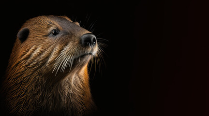 Wall Mural - portrait of a bever, photo studio set up with key light, isolated with black background and copy space - generative ai	
