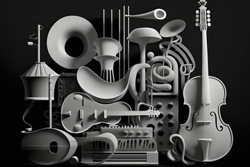 Canvas Print - Instruments from an orchestra, superimposed on a dark grey background. Generative AI