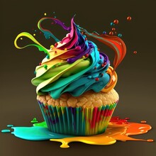 Delicious Colorful Rainbow Cupcake With Swirls And Melted Elements On A Black Background. AI-generated