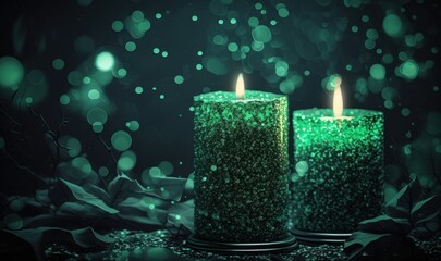 Green Candles for Saint Patrick's Day Clover Background. Generative AI.