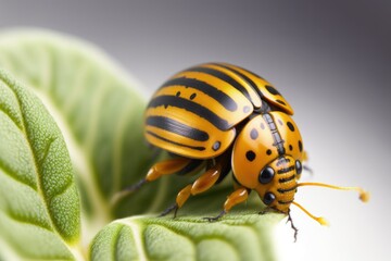 Wall Mural - The Colorado potato beetle, pictured here munching on a green potato leaf, in extreme close up. Decemlineated leptinotarsi. Damage to farms and crops caused by adult Colorado potato beetles. Theoretic