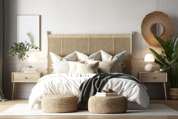 home mockup, bedroom interior background with rattan furniture and blank wall, coastal style, 3d ren