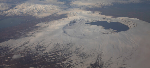 Amazing aerial view of Nemrut Crater Lake which is second largest crater lake in the world