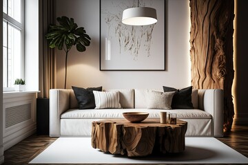 Wall Mural - Wooden coffee table in cozy living room. Contemporary interior with a floor lamp, couch, and white wall featuring copy space. Generative AI