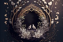Black-colored Wedding, Or Marriage Invitation Card Design Background Template With Two Love Birds Sitting In A Nest Frame