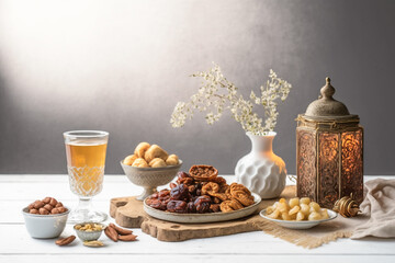 Wall Mural - Muslim iftar breaking fast with dried dates, nuts and sweet drinks, with lantern lamp as decoration on white table. Created with Generative AI technology.