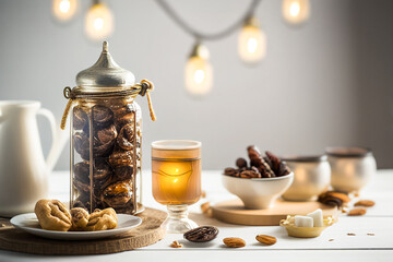 Wall Mural - Muslim iftar breaking fast with dried dates, nuts and sweet drinks, with lantern lamp as decoration on white table. Created with Generative AI technology.