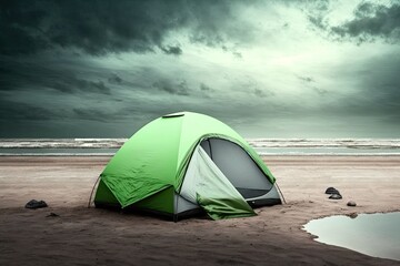 Poster - Nylon tent set up for a camping trip in the coastal area. Generative AI