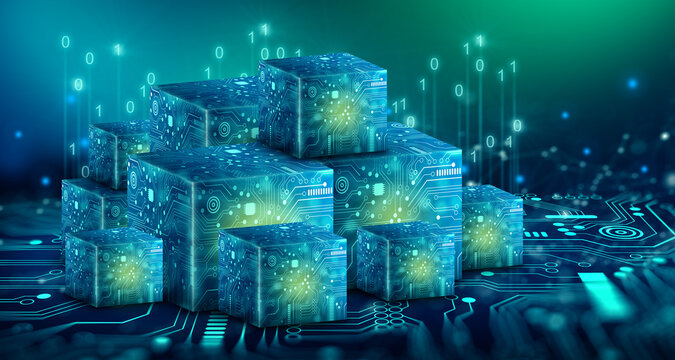 Wall Mural -  - Cube technology with Abstract blue background. Blockchain Network System. Big data storage processing, Cloud data, Internet Security, and Digital Technology. 3D illustration.