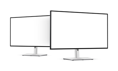 Fototapete - Silver Computer Monitors With Blank Screens, Side Perspective View, Isolated on White Background. Vector Illustration