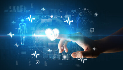Poster - Doctor hand pressing futuristic health device with medical symbol on screen