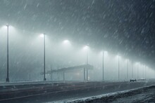 Winter Highway Snowfall Background Fog Poor Visibility. Generative AI