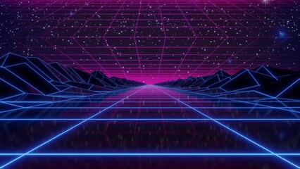 Wall Mural - synthwave animated background. 80s wireframe landscape. retro future perspective grid. retrowave sty