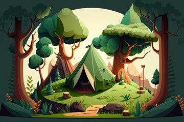 Wall Mural - Set up a tent atop a hill in the woods. Generative AI