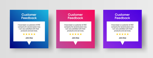 Wall Mural - Customer Feedback Social Media Post Template. Set of Vector Design Templates for Customer Testimonial Review Showcase. Client Feedback Quote with Star Rating and Speech Bubble.