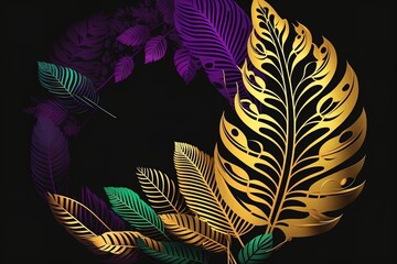 Wall Mural - Modern style tropical leaves on black background with empty space. Purple golden jungle florals in digital art style for summer party design.