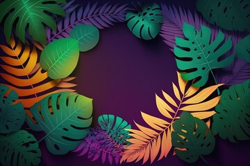 Wall Mural - Cartoon style tropical leaves frame on black background with empty space. Purple orange green jungle florals in digital art style for summer party design.