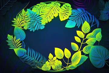 Wall Mural - Tropical leaves in minimal style green yellow colored with empty space. Neon style digital art jungle leaves for summer design.