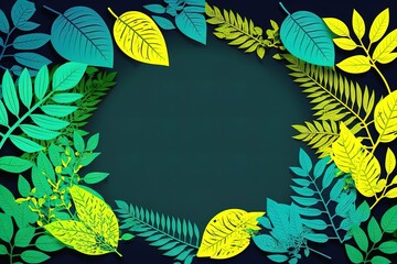 Wall Mural - Tropical leaves in minimal style green yellow colored with empty space. Neon style digital art jungle leaves for summer design.