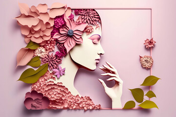 Wall Mural - Paper art , Happy women's day 8 march with women of different frame of flower , women's day specials offer sale wording isolate , Create with Generate Ai