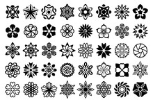 Floral Design Elements. Abstract Black Flower Ornaments Rounded Design, Without Leaves. Floral Icon, Illustration Vector Set. 