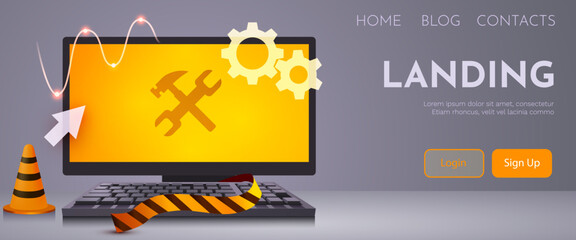 Computer with wrench and hammer on the screen. Computer repair service, maintenance, technical support. Website is under construction.