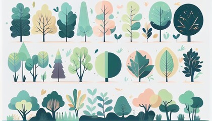 Set of trees and shrubs. collection of natural design elements trees with leaves. generative ai