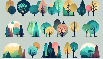 Set of trees and shrubs. collection of natural design elements trees with leaves. generative ai