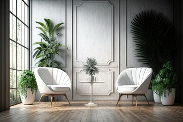 Wall Mural - An empty glass room with a wall covered in tropical plants. There are white fabric louge chairs scattered across a wooden floor and a concrete wall. Generative AI
