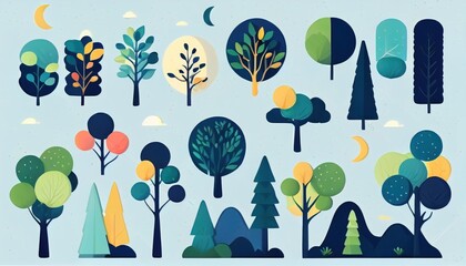 Set of trees and shrubs. collection of natural design elements trees with leaves. generative ai
