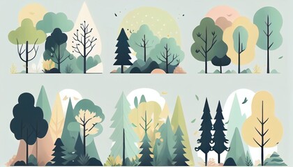 Set of trees and shrubs. collection of natural design elements trees with leaves. generative ai