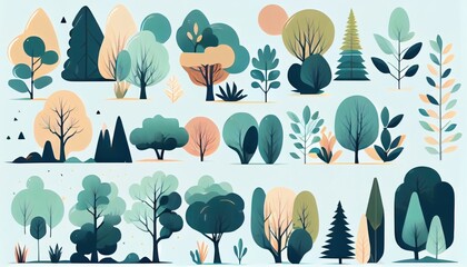Set of trees and shrubs. collection of natural design elements trees with leaves. generative ai